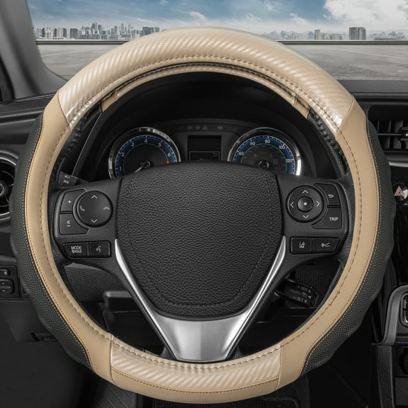 Motor Trend Beige UltraSport Pebbled Leather Steering Wheel Cover with Carbon Fiber Detail - Universal Fit For Standard Wheel Sizes 14.5 15 15.5 inches