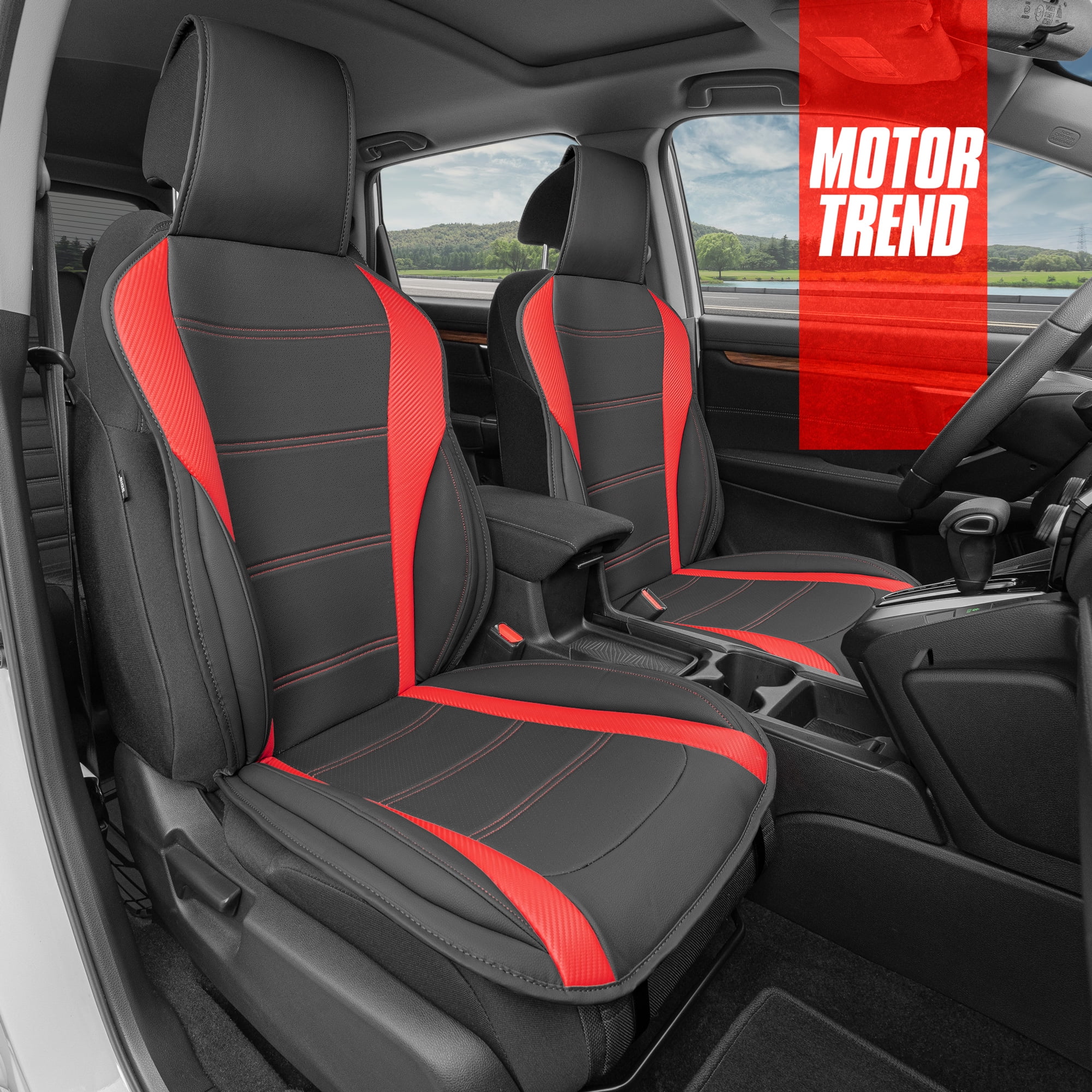 Motor Trend ComfortDrive Red Faux Leather Front Seat Covers for Car Truck  Van  SUV, Piece Set – Ergonomically Padded Car Seat Cover Cushions for Front  Seats with Stylish Carbon Fiber
