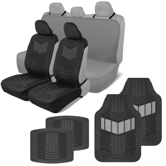 Motor Trend ComfortPlush Vegan Leather Sideless (Front 2pc) Waterproof Bench Seat Cover (Rear 1pc) & Heavy-Duty Floor 4pc Mat Car Auto (Sedan Truck SUV Minivan) Full Set Combo (Gray)