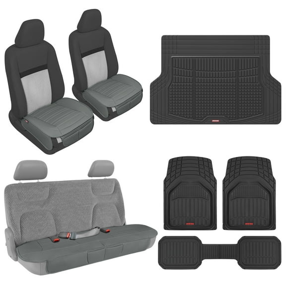Motor Trend Faux Leather Black Padded Car Seat Covers, Heavty Duty Deep Dish Floor Mats for Car/SUV and Cargo Liner/Trunk Mat - Gift Combo MegaSet (Gray)