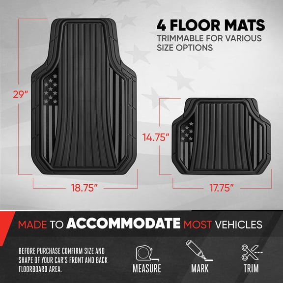Motor Trend Flag Floor Mats Full Set - Durable Black Rubber Car Floor Mats for Trucks Cars SUV with Two Tone Accent, Flag Black/Gray