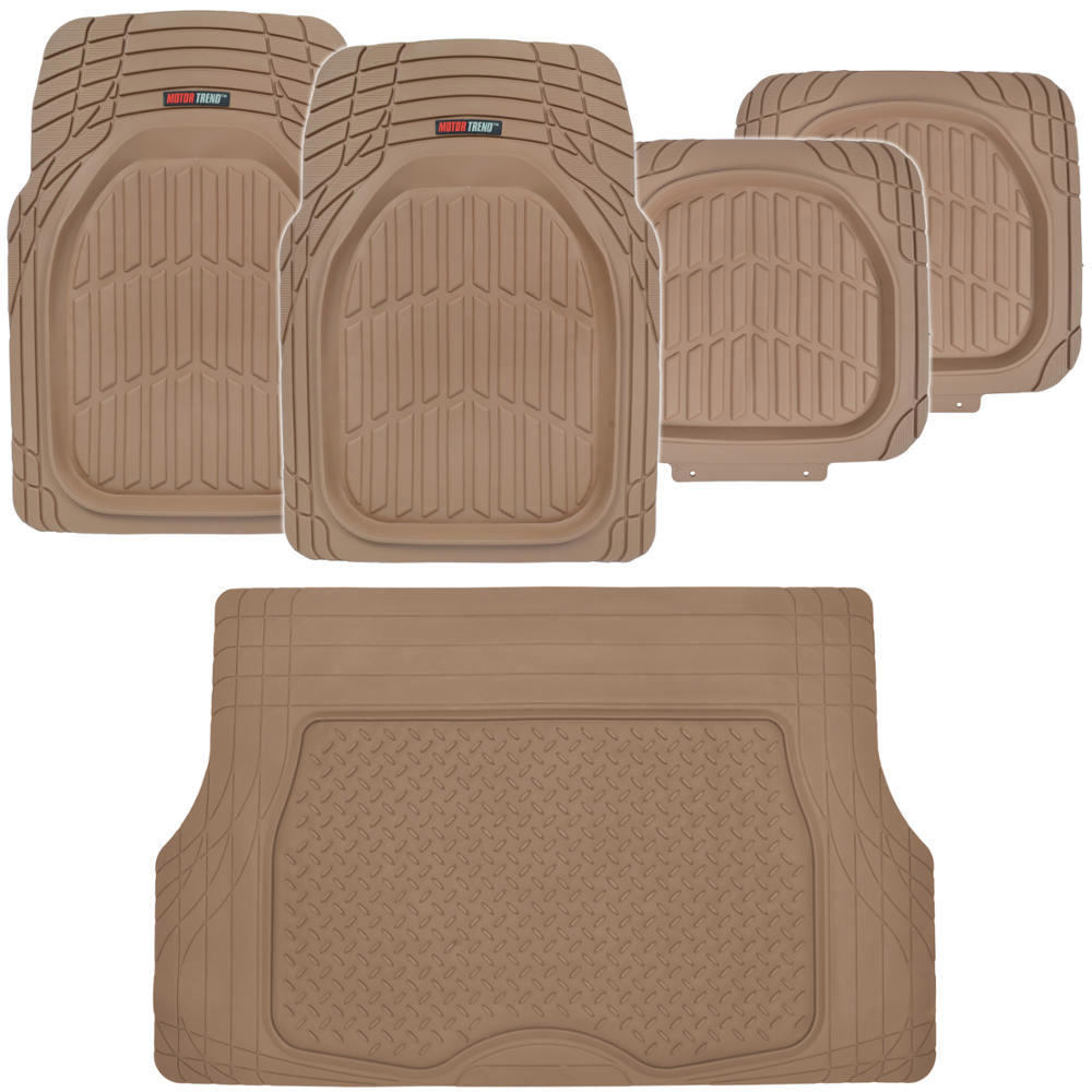 Motor Trend FlexTough Deep Dish Heavy Duty Rubber Floor Mats  Cargo Liner  For Trunk All Weather (Beige) Complete Coverage Set
