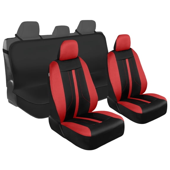 Motor Trend Front & Rear Car Seat Covers Full Set - Red Cloth Bucket Seat Covers for Front Seats + Waterproof Rear Split Bench Cover - Universal Fit for Car Truck SUV Van Interior Protection