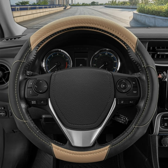 Motor Trend GripDrivePro Carbon Fiber Grip Leather Steering Wheel Cover Universal Fit 14.5 - 15.5" (Beige Color)