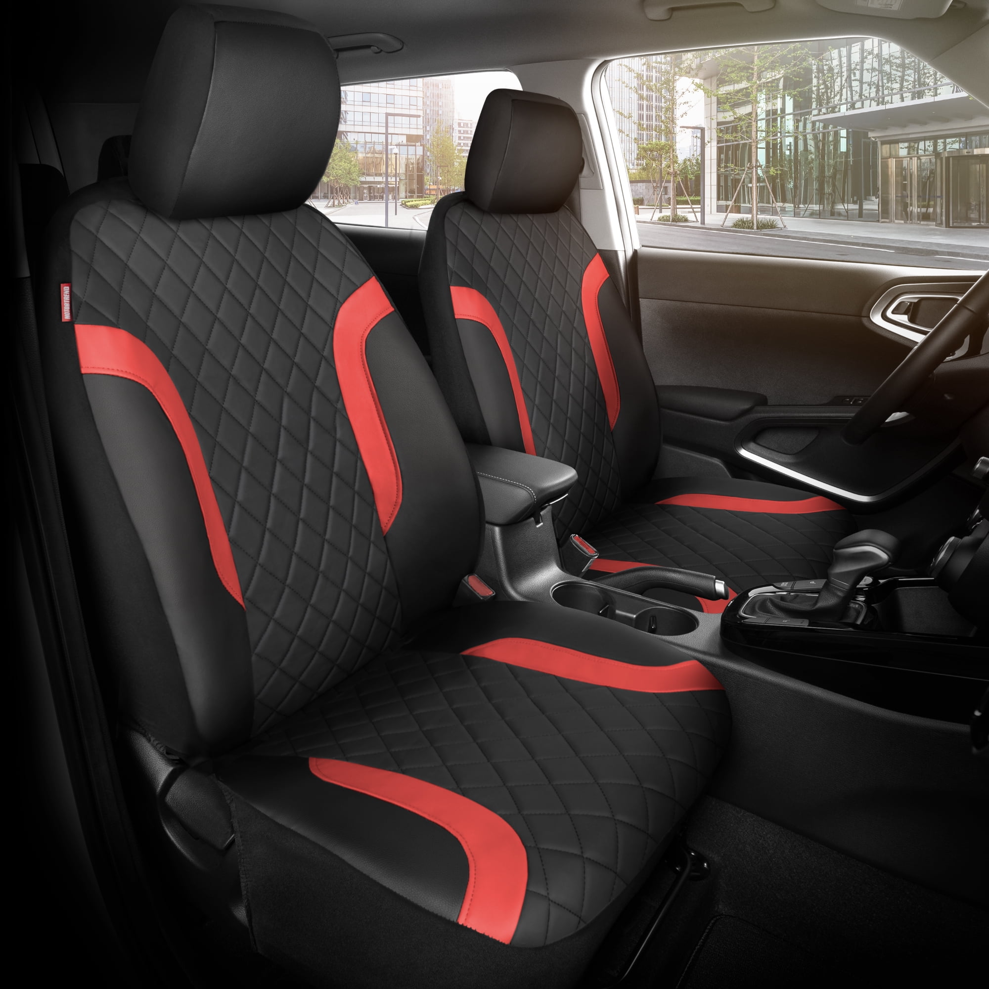 Motor Trend Leather Seat Covers For Trucks, Cars, & SUV - Front Black & Red Car Seat Cover Set - Universal Fit For Most Automotive Seats - Forros Para Asientos De Carro - CarSeat Covers Accessories