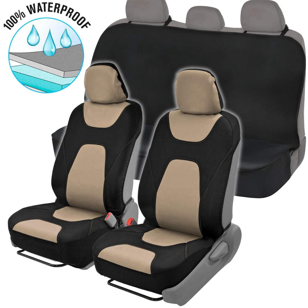 Motor Trend NeoCloth Waterproof Car Seat Covers Front & Rear Full Set, Beige - Universal Fit for Car Truck Van SUV