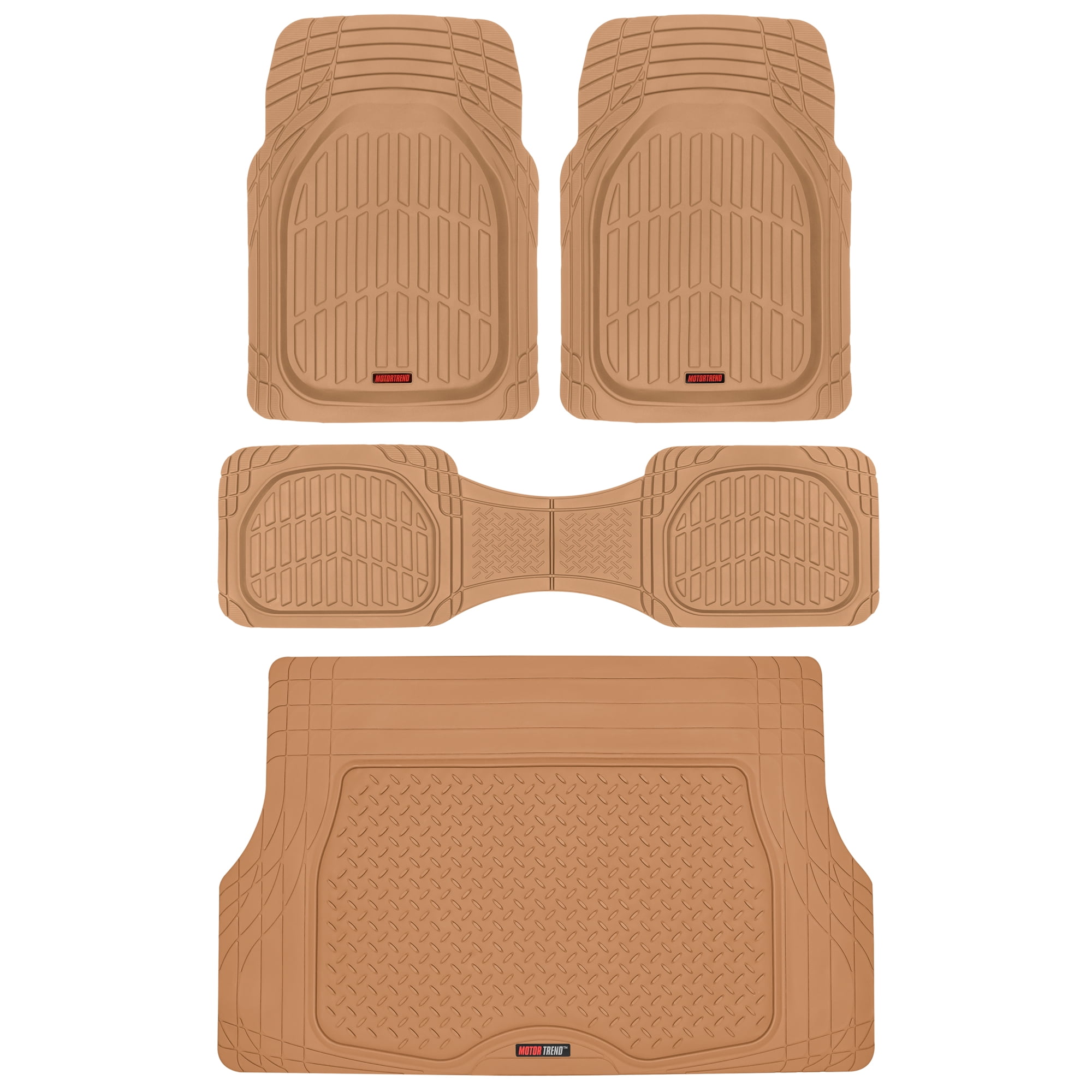 Motor Trend Original FlexTough Beige Rubber Car Floor Mats with Trunk Cargo Liner - All Weather Automotive Floor Mats, Heavy Duty Trim to Fit Design, Floor Liners for Cars Truck Van SUV