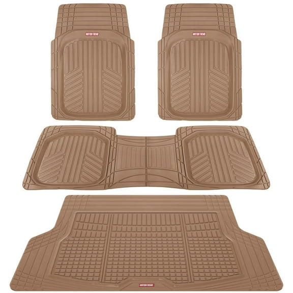 Motor Trend Premium FlexTough Plus All-Protection DeepDish Front & Rear Mats with Trunk Cargo Liner - Combo Set - All Weather Traction Grips, Beige