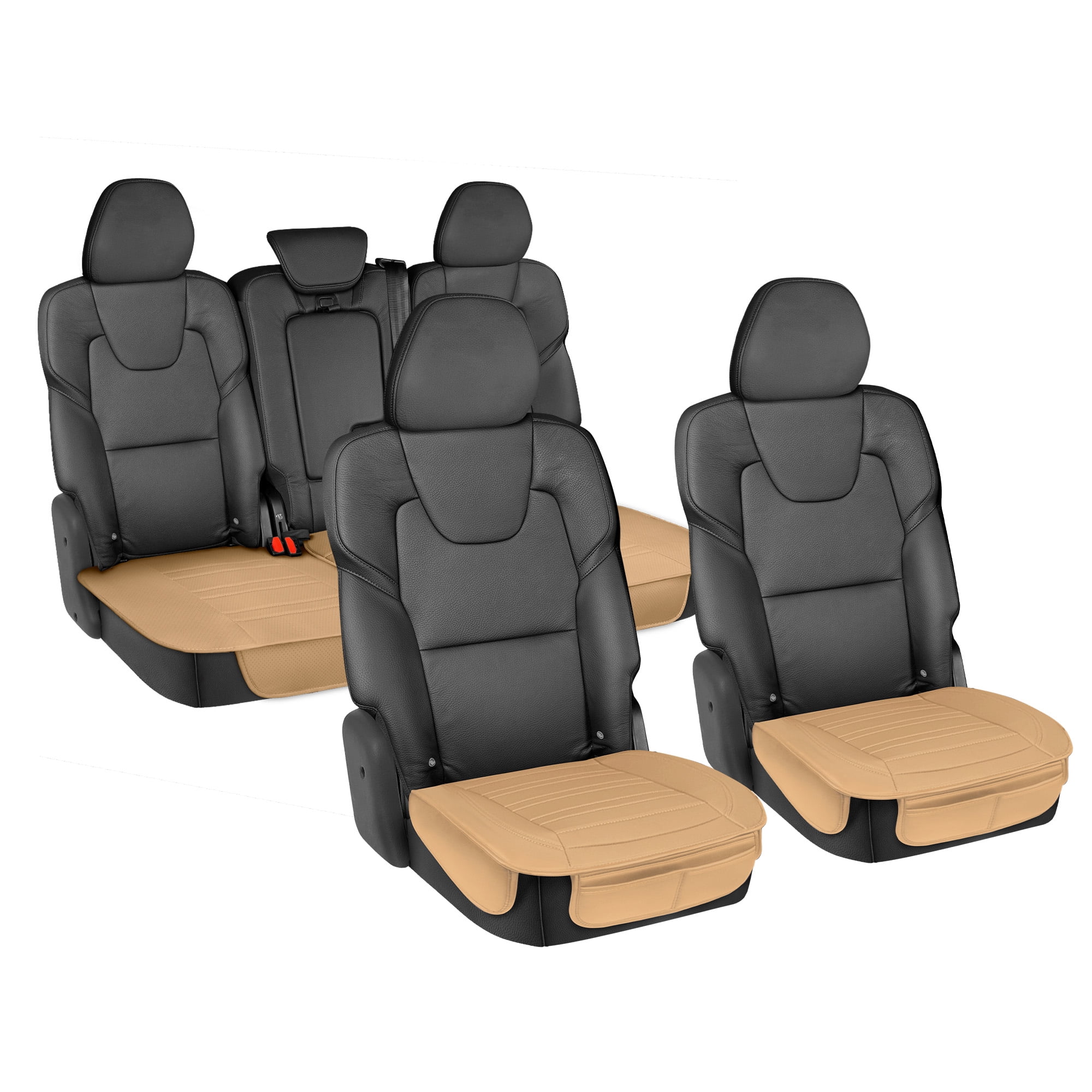 Motor Trend Seat Covers for Cars Trucks SUV, Faux Leather Full Set Beige Padded Car Seat Covers with Storage Pockets, Premium Interior Car Seat Cover