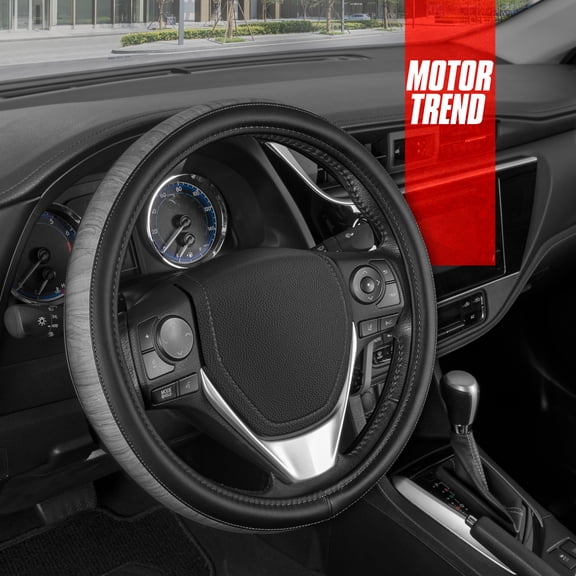 Motor Trend SoftTouch Wood Grain Steering Wheel Cover - Black Faux Leather Steering Wheel Cover with Gray Wood Trim, Universal Fit for Car Truck Van SUV Wheel Sizes 14.5 to 15.5 Inches