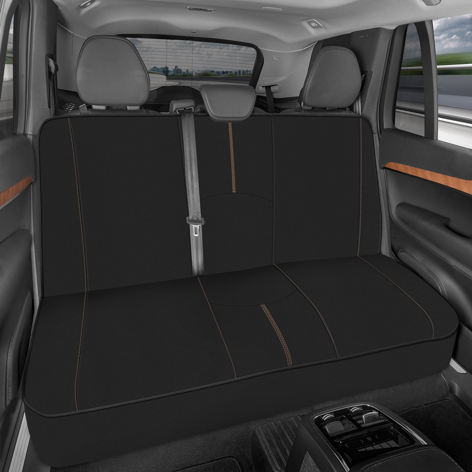Universal Black Neoprene Waterproof Rear Bench Seat Cover with Beige Stitching