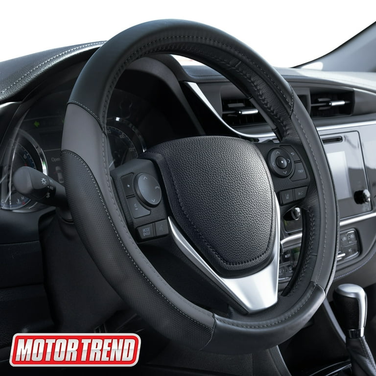 Motor Trend Sport Drive Perforated Leather Steering Wheel Cover Contrast Stitching Dark Gray Black