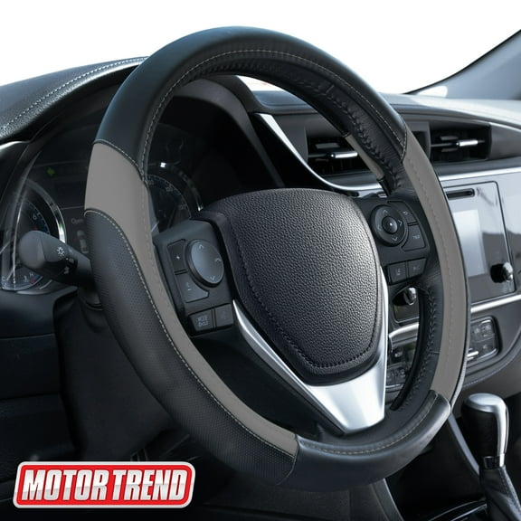Motor Trend SportDrive Faux Leather Steering Wheel Cover, Standard 15 inch Size, Two-Tone Black & Light Gray, Car Steering Wheel Cover for Truck Van SUV Auto