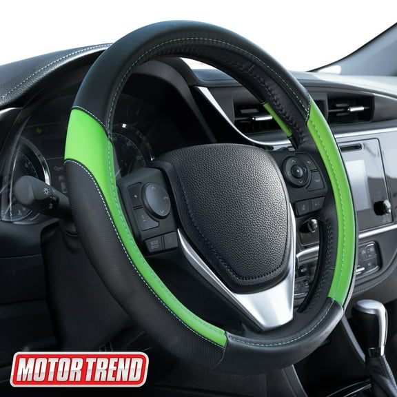 Motor Trend SportDrive Faux Leather Steering Wheel Cover, Standard 15 inch Size, Two-Tone Black & Green, Car Steering Wheel Cover for Truck Van SUV Auto