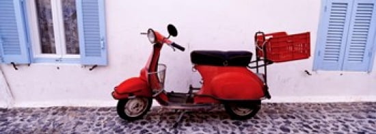 Motor scooter parked in front of a building Santorini Cyclades Islands Greece Canvas Art - Panoramic Images (36 x 13)