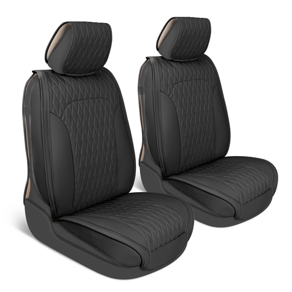 MotorBox Faux Leather Car Seat Covers, Front Set, Black, Diamond Stitch, Cushioned