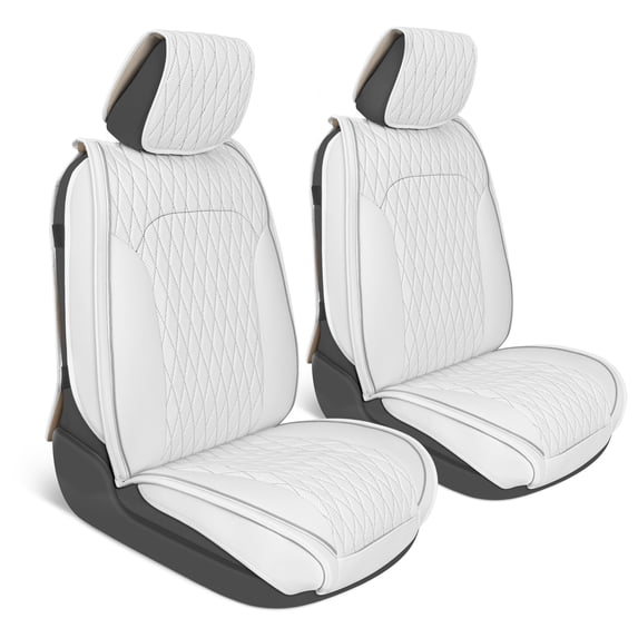 MotorBox Car Seat Covers – DiamondLux Edition Premium Faux Leather White Seat Protectors – Double Cross Stitched Cushioned Automotive Accessories for Trucks, SUVs, Cars – Front Seat Set