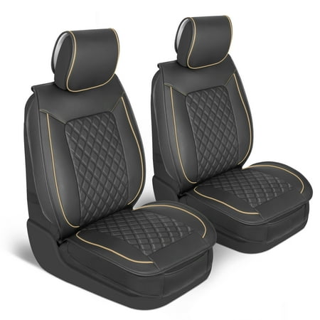 MotorBox Prestige Faux Leather Seat Covers for Cars - (2) Front Semi-Custom Fit Black & Beige Seat Covers for Trucks & SUV - Automotive Seat Covers & Accessories - Protective Interior Covers
