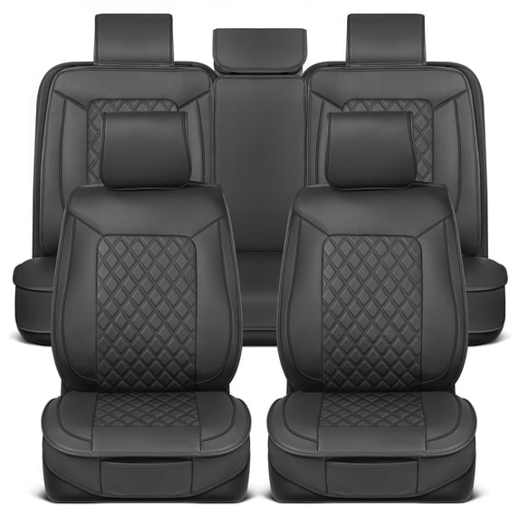 MotorBox Prestige Faux Leather Car Seat Covers, Full Set, Black, Diamond Stitched