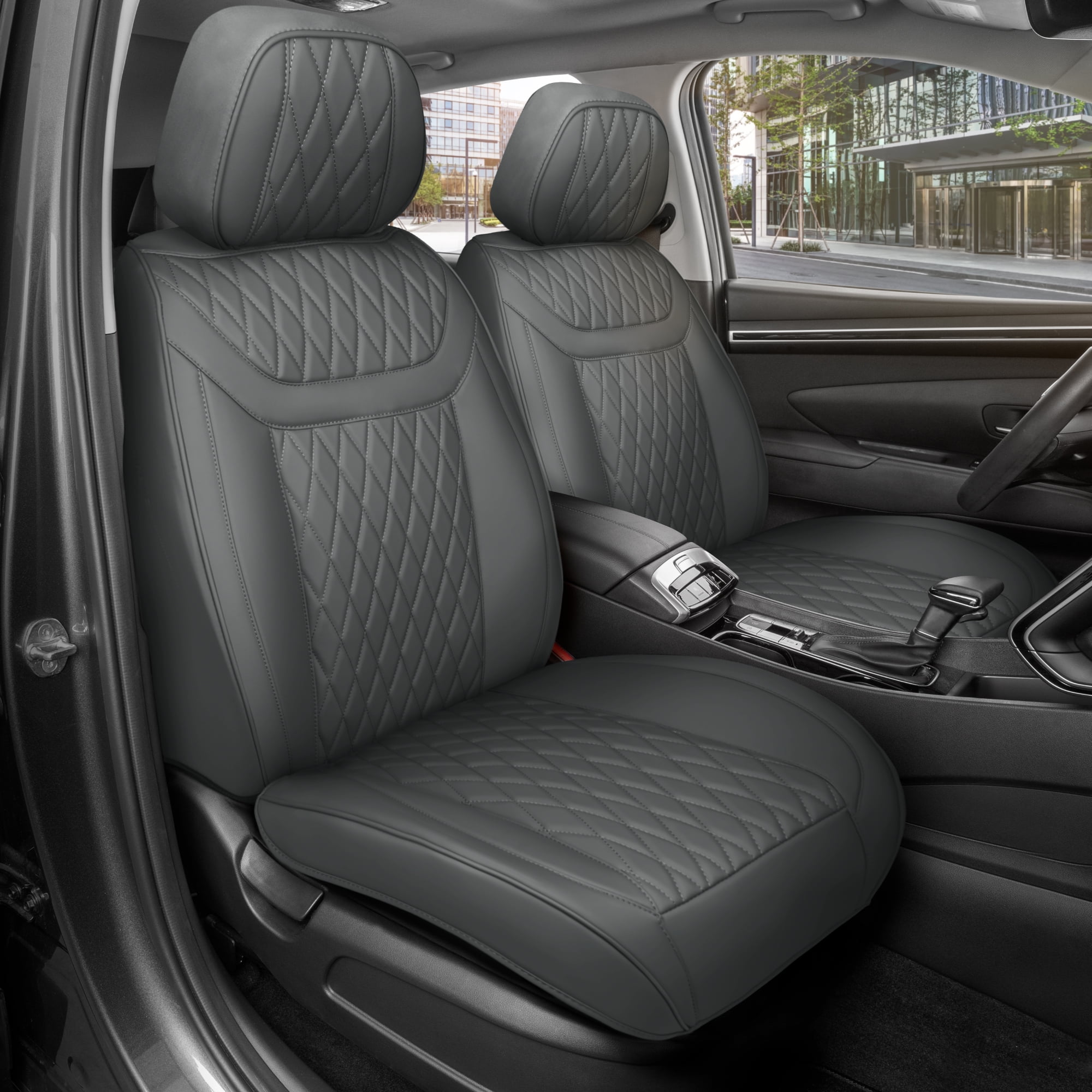 MotorBox Car Seat Covers - Ranch Leatherette Faux Leather Charcoal Seat Covers for Car - Diamond Stitched Cushioned Interior Protectors for Automotive Accessories Trucks, SUV, Cars - Two Front Covers