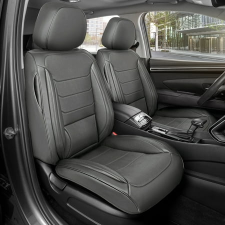 MotorBox Elite Edition Faux Leather Seat Covers for Cars, Trucks, & SUV - 2 Gray Car Seat Covers for Front Seats - Universal Fit Car Accessories Automotive Interior Cover Protector for Most Vehicles