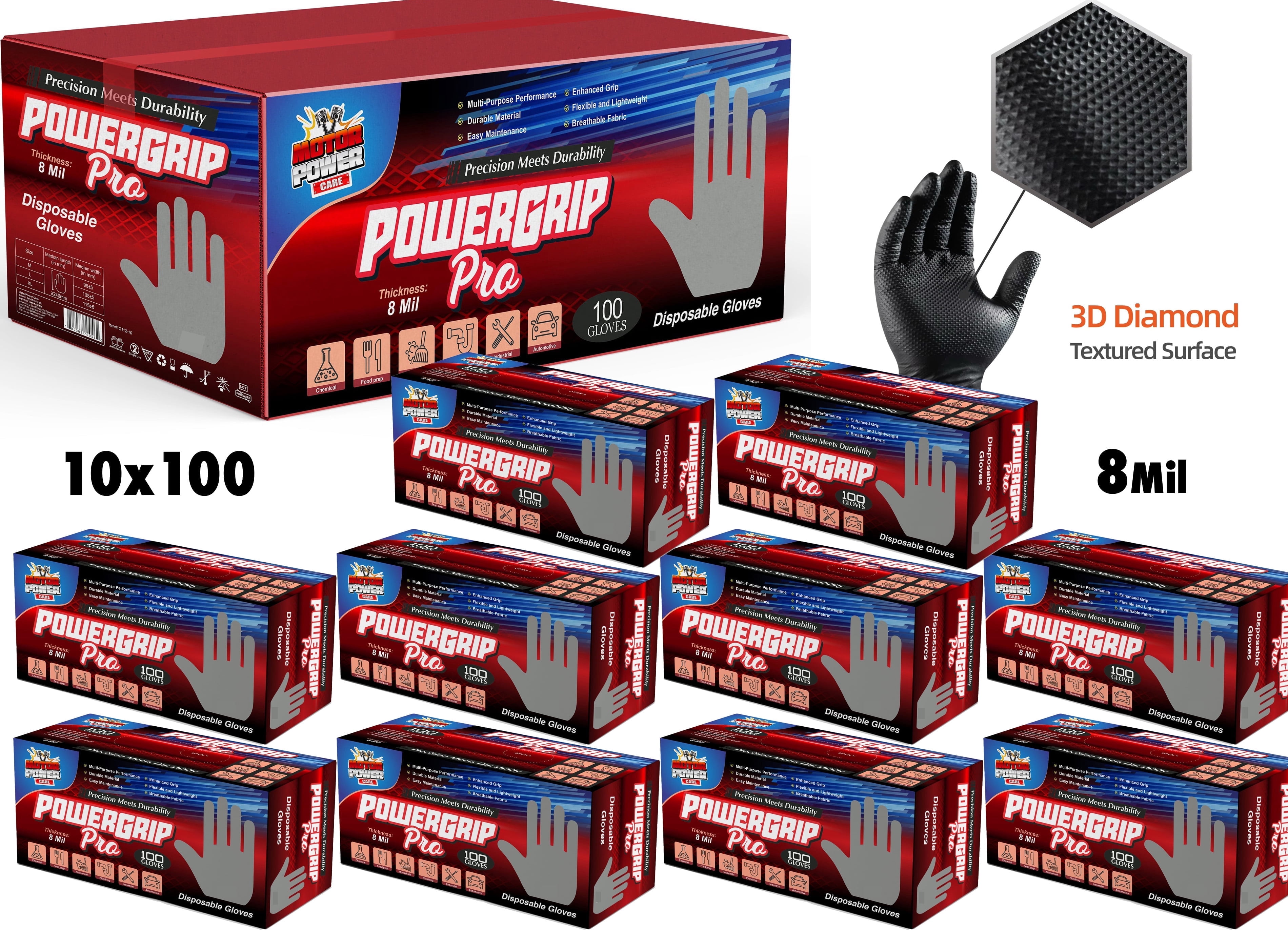 MotorPower Care 8 Mil Heavy-Duty Nitrile Gloves – 1,000 Count (10 Boxes) | Extra Thick, Industrial-Grade, Diamond Grip, Latex-Free, Waterproof, Multi-Purpose Work Gloves Size: L