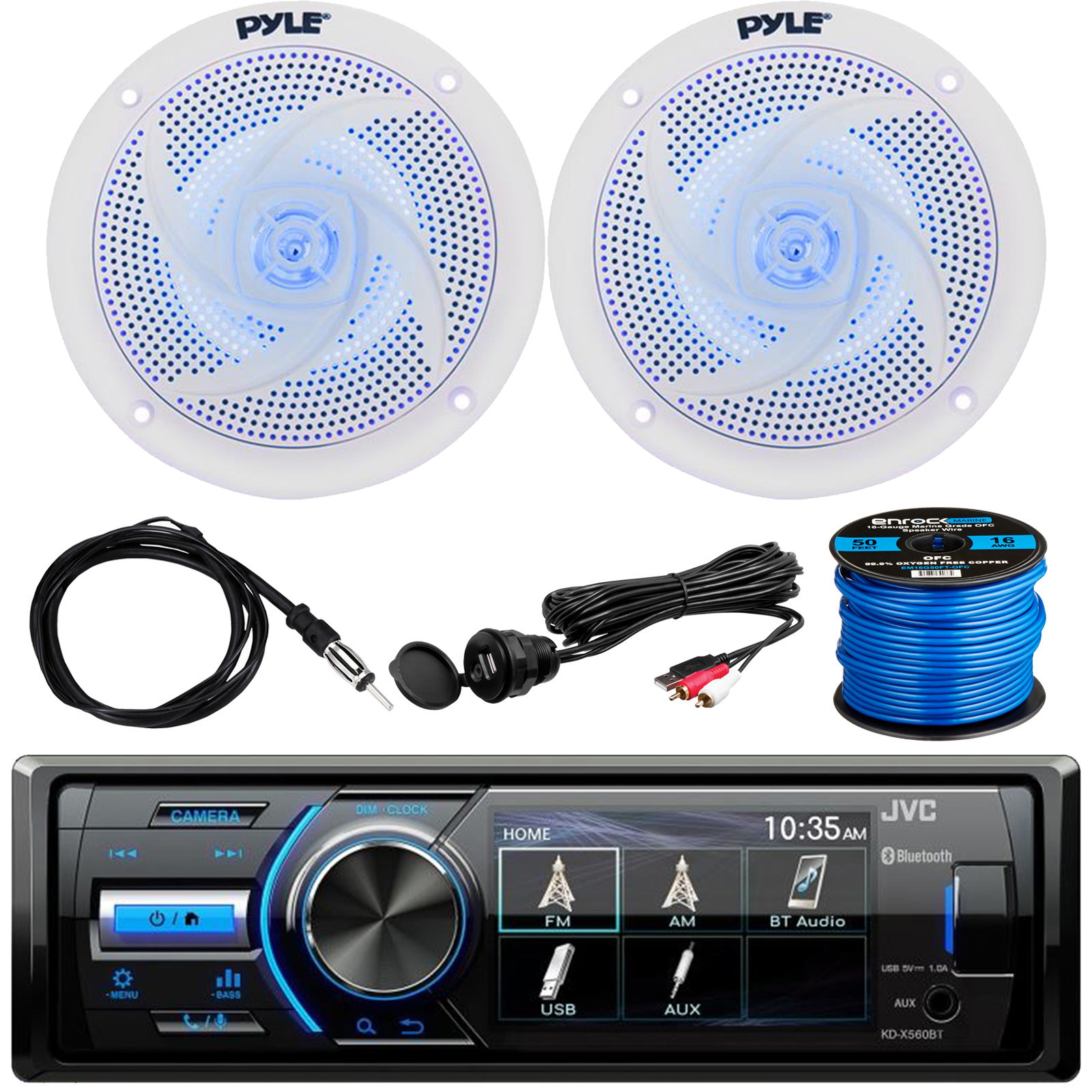 pyle plrmr27btb marine bluetooth receiver stereo(black) w/pyle waterproof stereo speakers (black) (3-pairs), pyle 4 chan.marine amp, enrock ekmr2 marine antenna, enrock audio 50 foot 16-g speaker wire