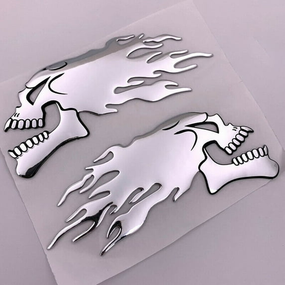 Motorbike Motorcycle Tank Car Sliver Flaming Skull 3D Gel Sticker Decal L/R Pair
