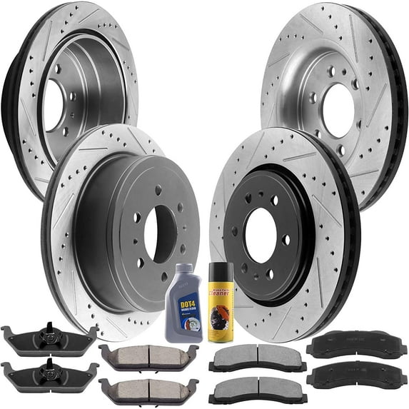 MotorbyMotor Front & Rear Brake Rotors Replacement for 2010 - 2011 Ford F-150 (6 Lug Models ONLY) E-Coating Drilled & Slotted Brake Rotor & Brake Pad kit Including CLEANER DOT4 FLUID