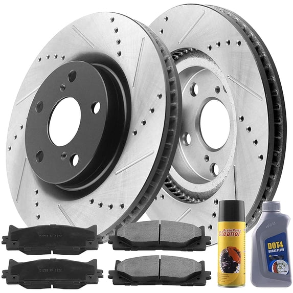 Motorbymotor Front Brake Rotors 296mm Drilled & Slotted Design Brake Rotor & Brake Pad kit Including CLEANER DOT4 FLUID Fits for Toyota Avalon Camry, Lexus ES300H ES350