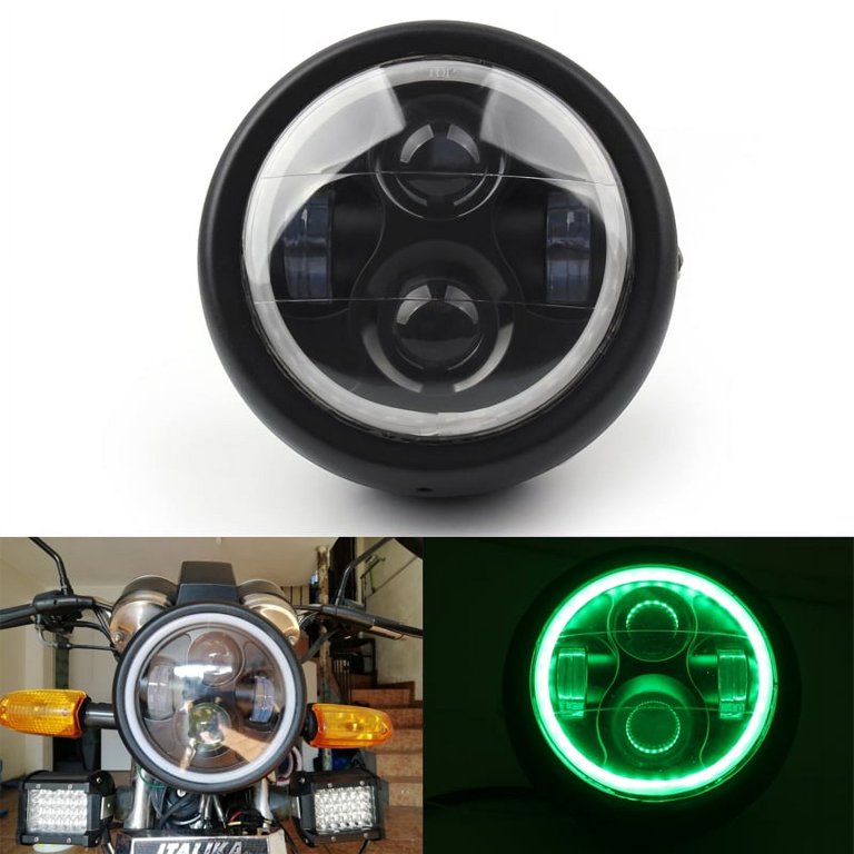 Motorcycle Projector LED Headlight w/Green Halo Ring For Cafe