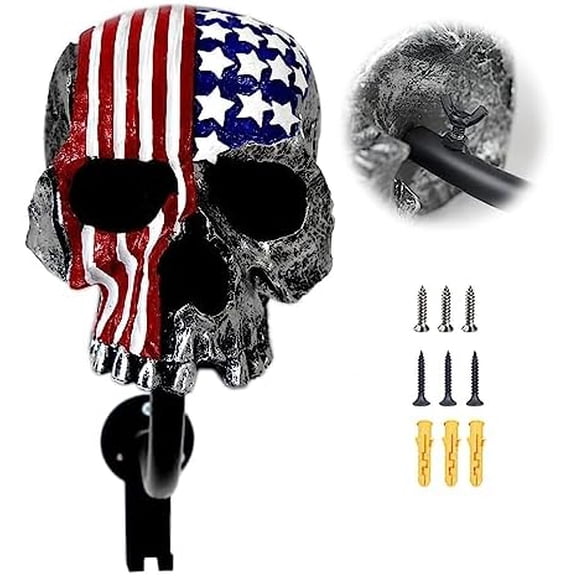 Motorcycle Accessories Helmet Holder Wall Mount, Skull Motorcycle Helmet Rack with 2 Hooks Hanger for Coats, Caps, Sports Equipment