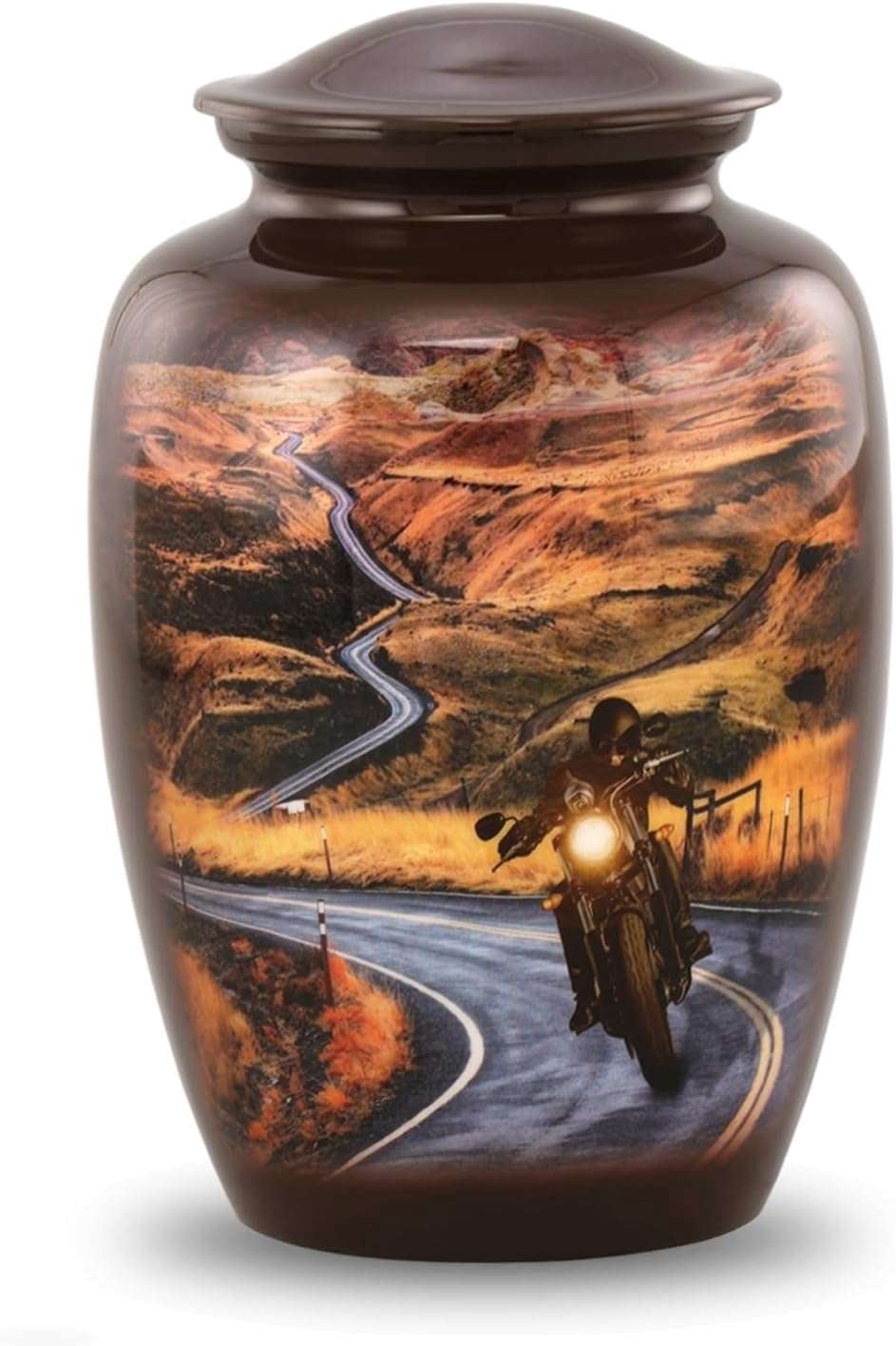 Motorcycle Adult Cremation Urn for Human Ashes – Highway to Heaven Brown Aluminum Memorial Urn, Large 210 Cubic Inch Capacity with Velvet Bag