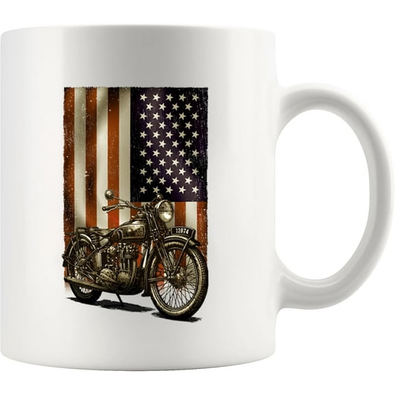 Motorcycle American Flag Motorcycle Gifts For Dad Husband Brother Boyfriend Rider Biker Motorcyclist Retro US USA Novelty Drinkware Ceramic Mug 11 oz White