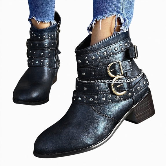 Joykidd Motorcycle Ankle Boots For Women Chunky Block Heel Short Booties Buckle Studded Gothic Moto Riding Boots with Side Zip for Casual Outings Daily Work