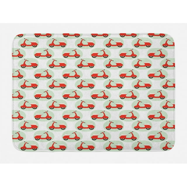 Motorcycle Bath Mat, Cartoon Scooters Pattern with Pastel Circles Background Doodle, Plush Bathroom Decor Mat with Non Slip Backing, 29.5" X 17.5", Pale Green Vermilion, by Ambesonne