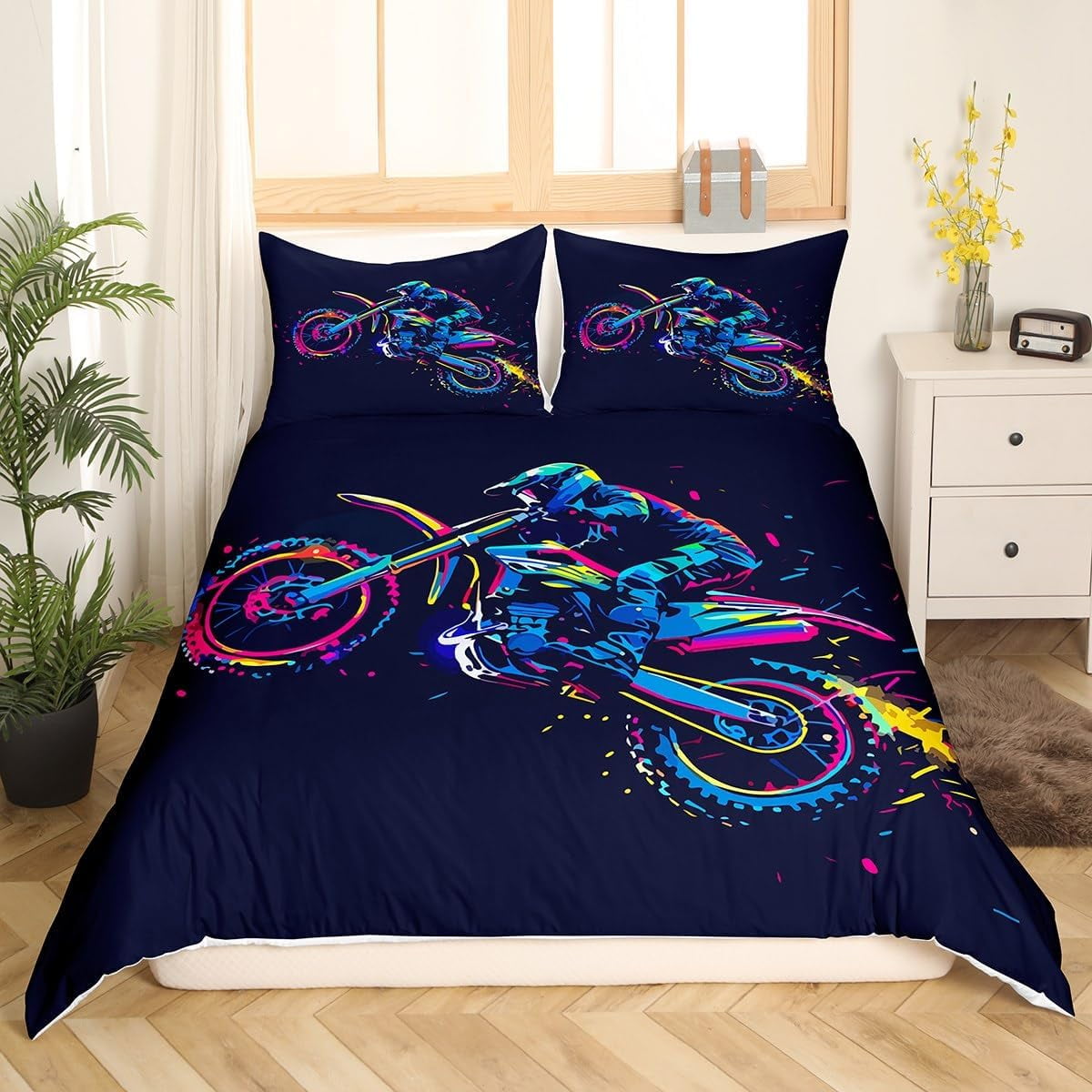 Motorcycle Bedding Set Colorful Graffiti Duvet Cover Set for Kids Boys