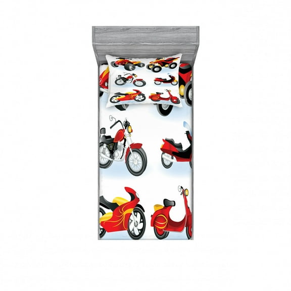 Motorcycle Bedding Set with Sheet & Covers, Motorcycles Sportsman Competition Amusement Leisure Cartoon Illustration, Printed Bedroom Decor 2 Shams, 4 Sizes, Black Yellow, by Ambesonne