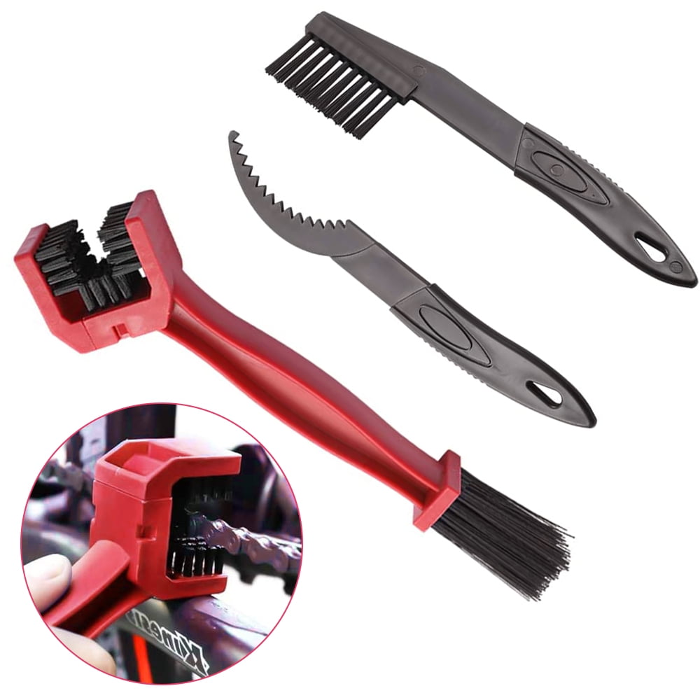 Motorcycle Bike Chain Brush Kit, 3 Side Chain Cleaner Bicycle Cleaning Tool  for All Type Chain Gears - Red 