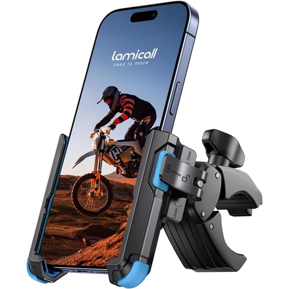 Motorcycle Bike Phone Mount, 1s Quick Release Holder | Camera Friendly Bicycle Cell Clip, Scooter Handlebar Clamp, for iPhone Pro Max, Galaxy, 4.7-7" Phones, Blue
