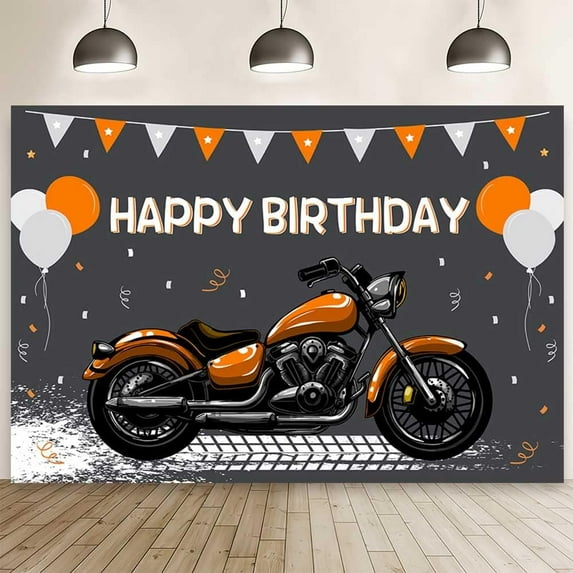 Motorcycle Birthday Backdrop Orange Motocross Racing Balloon Happy Birthday Party Decoration Extreme Sports Photography Background Supplies Boys Dirt Bike BaBy Cake Table Banner