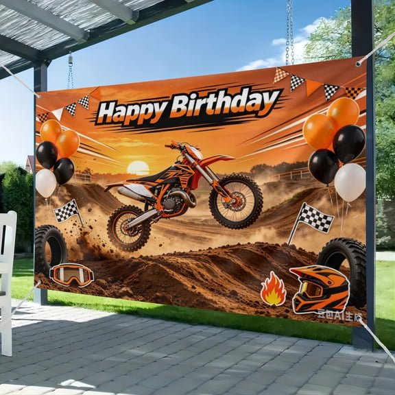 Motorcycle Birthday Backdrop Orange Motocross Racing Balloon Happy Birthday Party Decoration Extreme Sports Photography Background Supplies Boys Dirt Bike Bday Cake Table Banner 51*59IN