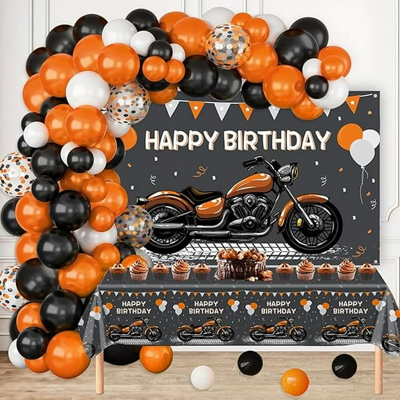 Motorcycle Birthday Decorations for Boys Orange Black Balloon Arch Kit Happy Birthday Banner with Plastic Tablecloth Motocross Racing Balloon set Dirt Bike Birthday Party Decoration