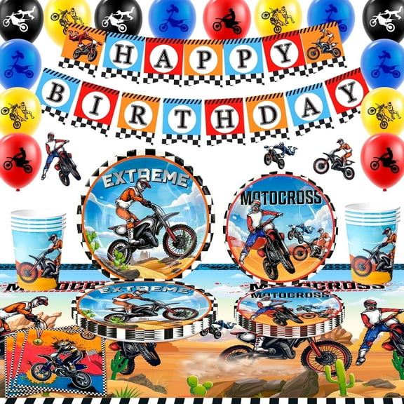 Motorcycle Birthday Supplies, 54pcs Motorcycle Birthday Decorations & Tableware - Plates Napkins Cups Banner Balloon for Motocross Party Supplies