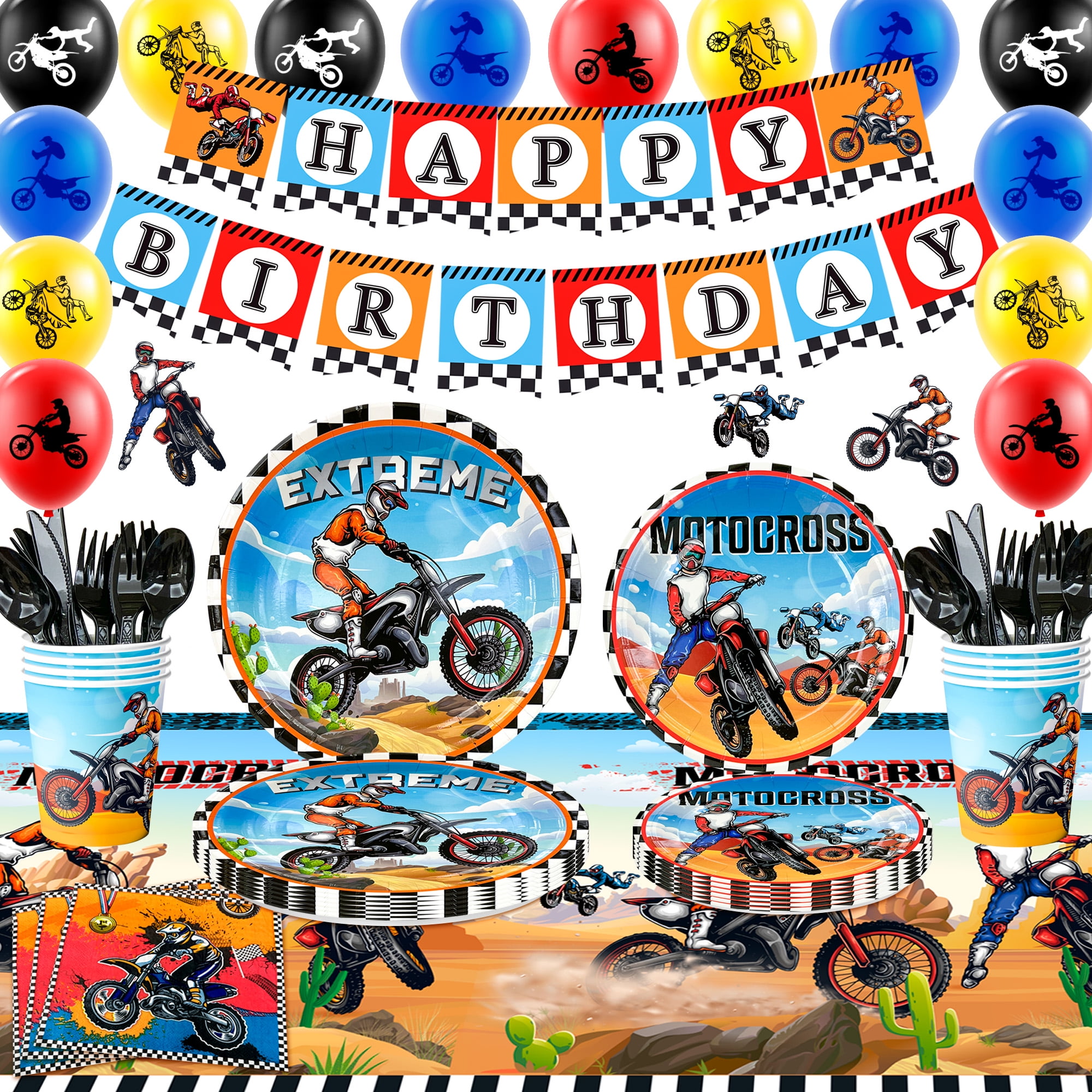 Motorcycle Birthday Supplies,98pcs Motorcycle Birthday Decorations&Motorcycle Theme Party Tableware Set-Dirt Bike Party Plates and Napkins Cups Banner Balloon etc Motocross Party Supplies for Boys