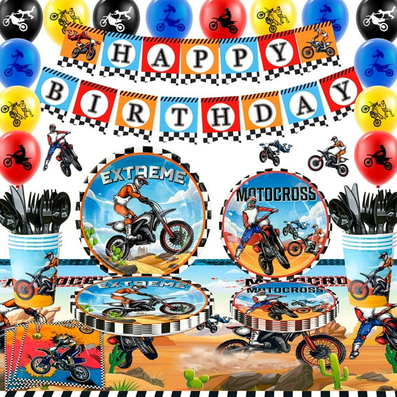 Motorcycle Birthday Supplies,Motorcycle Birthday Decorations&Motorcycle Theme Party Tableware Set-Dirt Bike Party Plates and Napkins Cups Banner Balloon etc Motocross Party Supplies for Boys