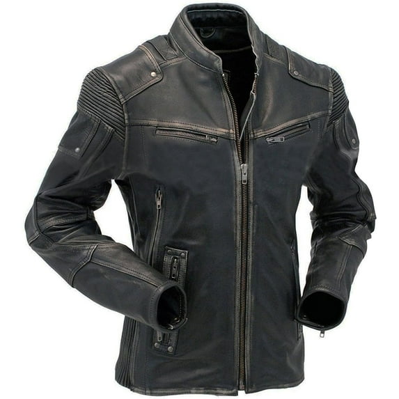 Motorcycle Black Leather Jacket Men - Vintage Biker Cafe Racer Real Lambskin Black Mens Motorcycle Jackets