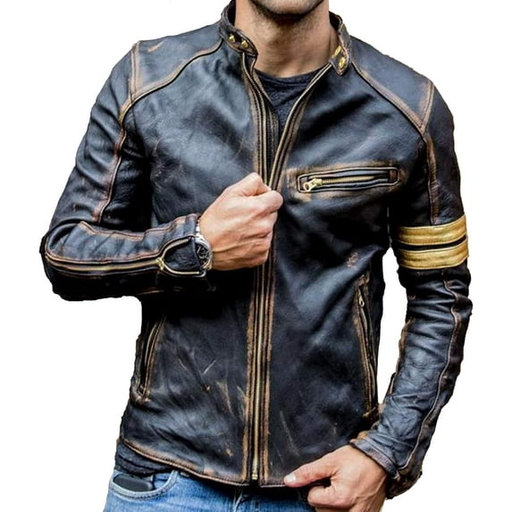 Motorcycle Black Leather Jacket Men - Vintage Biker Cafe Racer Real Lambskin Black Mens Motorcycle Jackets
