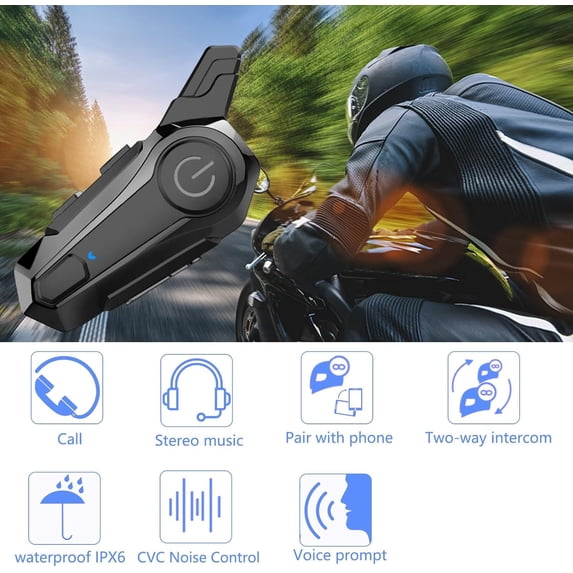 Motorcycle Bluetooth Headset, IPX6 Waterproof, with CVC Noise Cancellation Stereo Music, E1 Helmet Intercom Headset for Half/Open Face Helmet