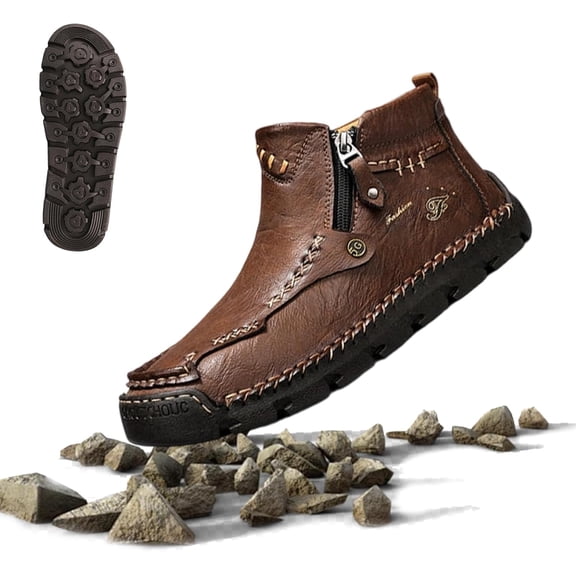 Motorcycle Boots, Mens Boots, Hand-Stitched Genuine Leather Boots-Wide Toe, Waterproof/Anti-Slip/Anti-Sprain Suitable for Work, Driving, Hiking